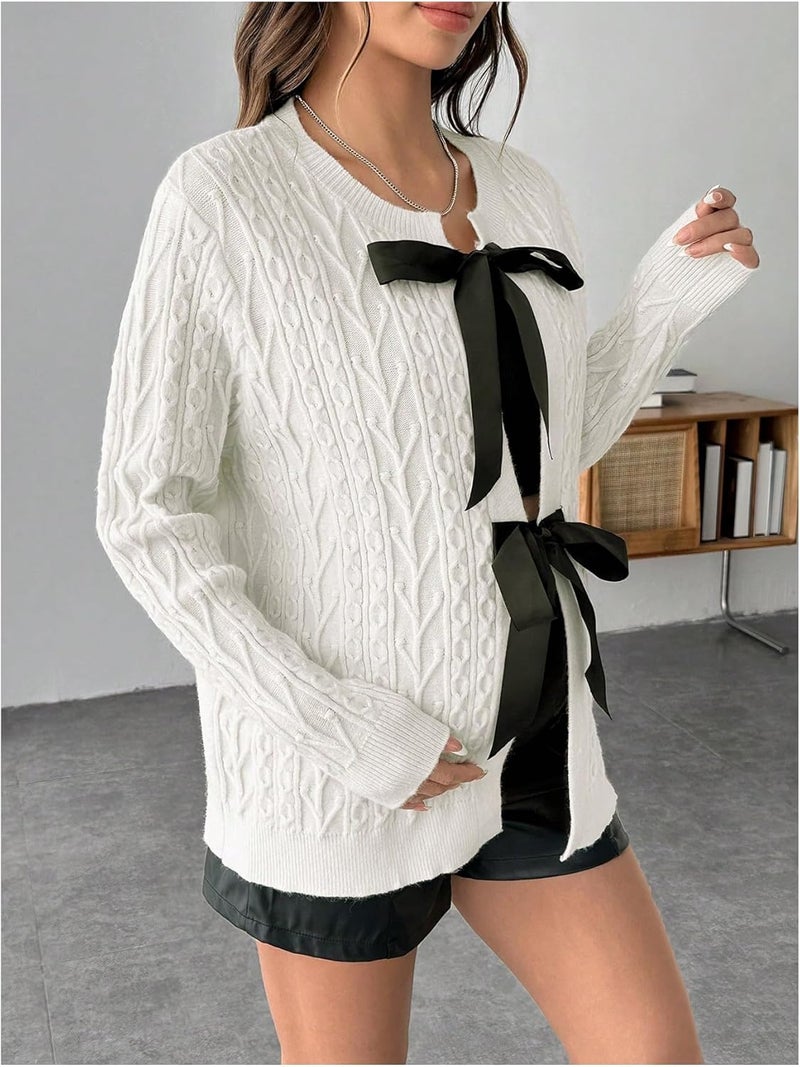 MakeMeChic Women's Maternity Sweater Bow Knot Crew Neck Long Sleeve Pregnancy Cardigan - Image 4